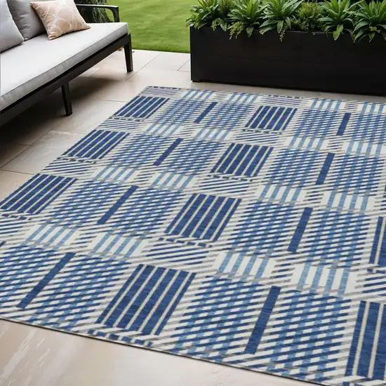 Navy Blue Ivory And Gray Plaid Washable Indoor Outdoor Area Rug Photo 1