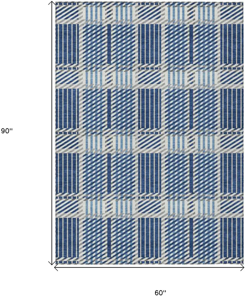 Navy Blue Ivory And Gray Plaid Washable Indoor Outdoor Area Rug Photo 3