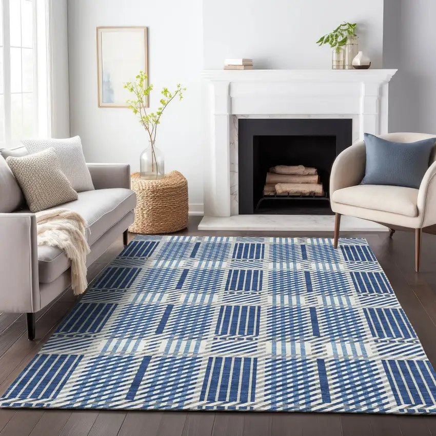 Navy Blue Ivory And Gray Plaid Washable Indoor Outdoor Area Rug Photo 9