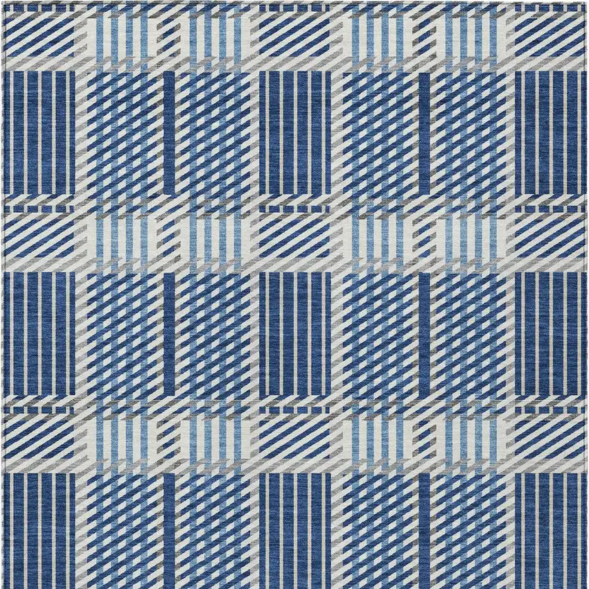 Navy Blue Ivory And Gray Plaid Washable Indoor Outdoor Area Rug Photo 6
