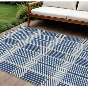 Photo of Navy Blue Ivory And Gray Plaid Washable Indoor Outdoor Area Rug