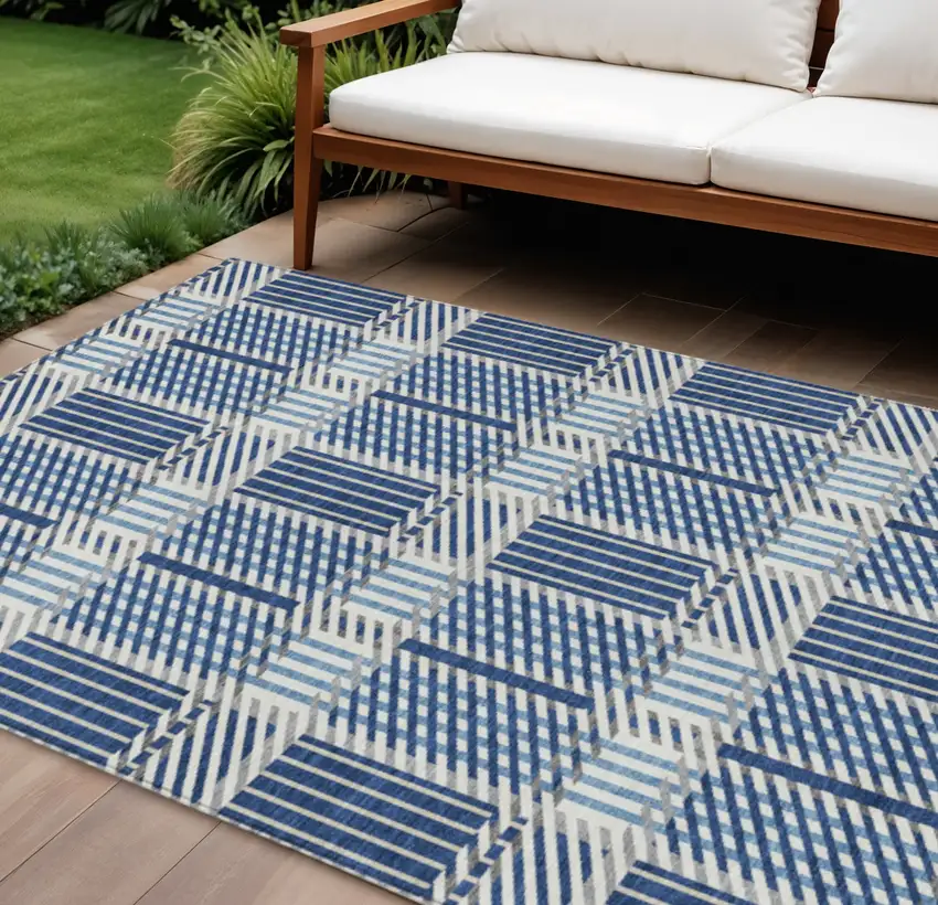 Navy Blue Ivory And Gray Plaid Washable Indoor Outdoor Area Rug Photo 1