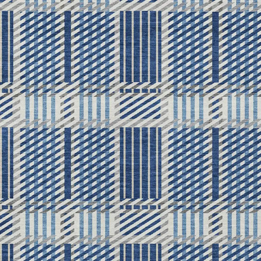 Navy Blue Ivory And Gray Plaid Washable Indoor Outdoor Area Rug Photo 5