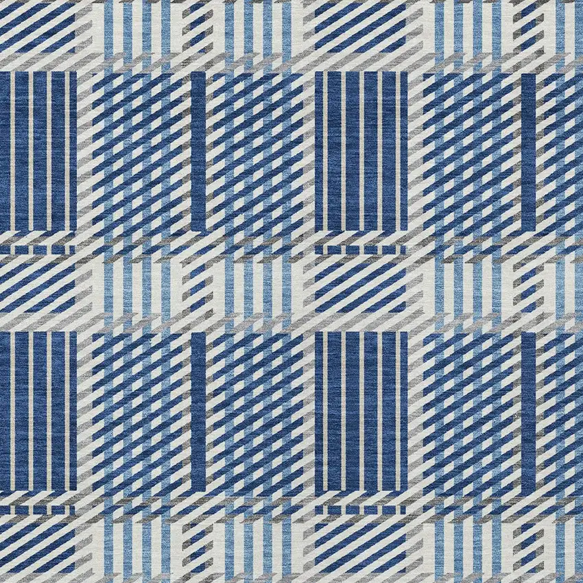Navy Blue Ivory And Gray Plaid Washable Indoor Outdoor Area Rug Photo 4