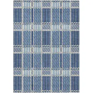Photo of Navy Blue Ivory And Gray Plaid Washable Indoor Outdoor Area Rug