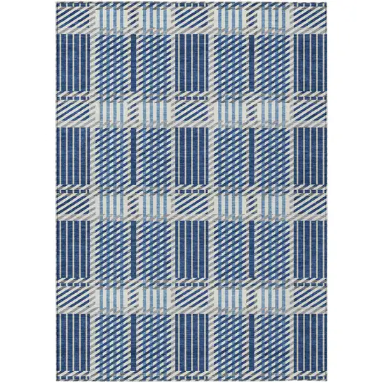 Navy Blue Ivory And Gray Plaid Washable Indoor Outdoor Area Rug Photo 2