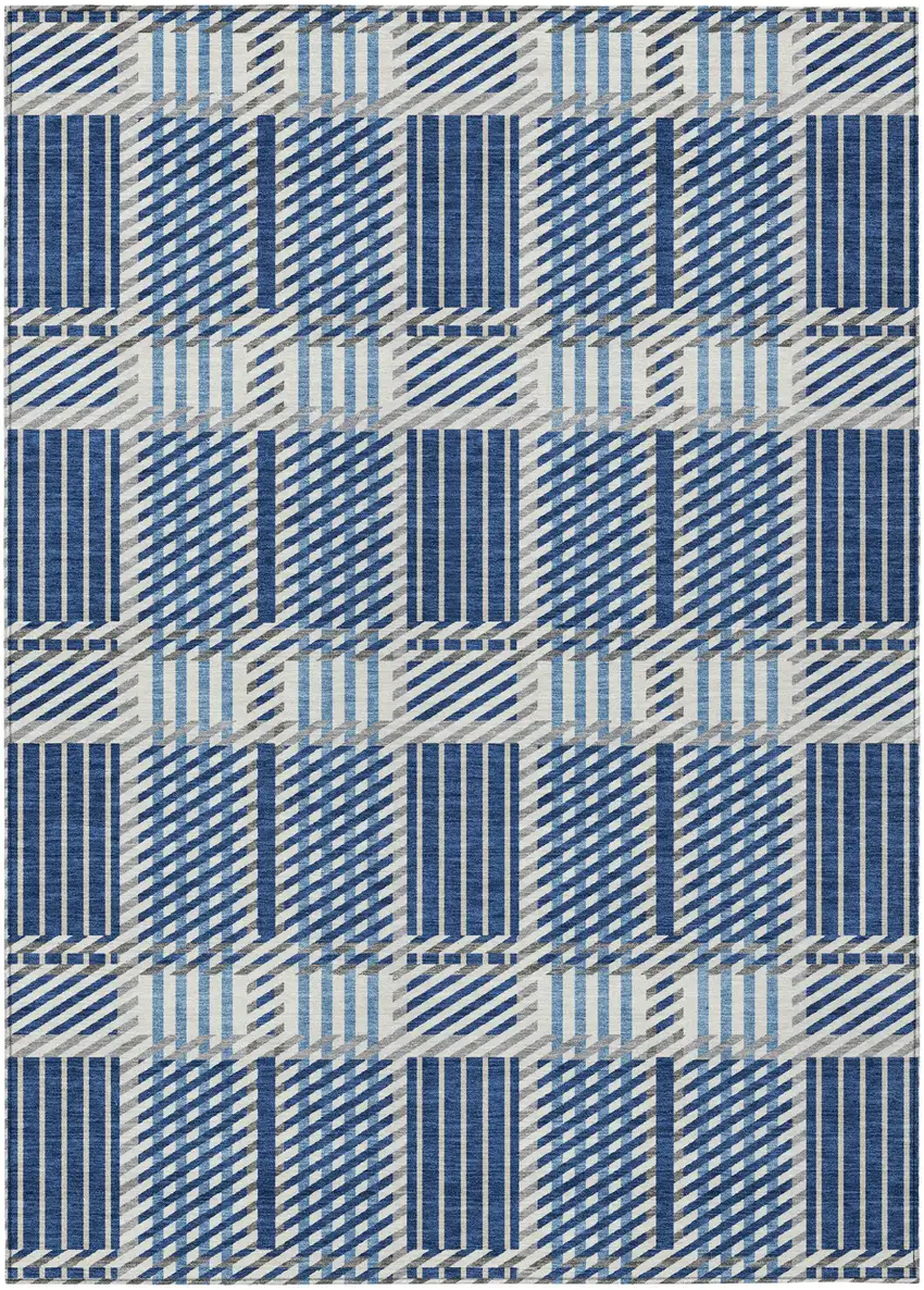 Navy Blue Ivory And Gray Plaid Washable Indoor Outdoor Area Rug Photo 2
