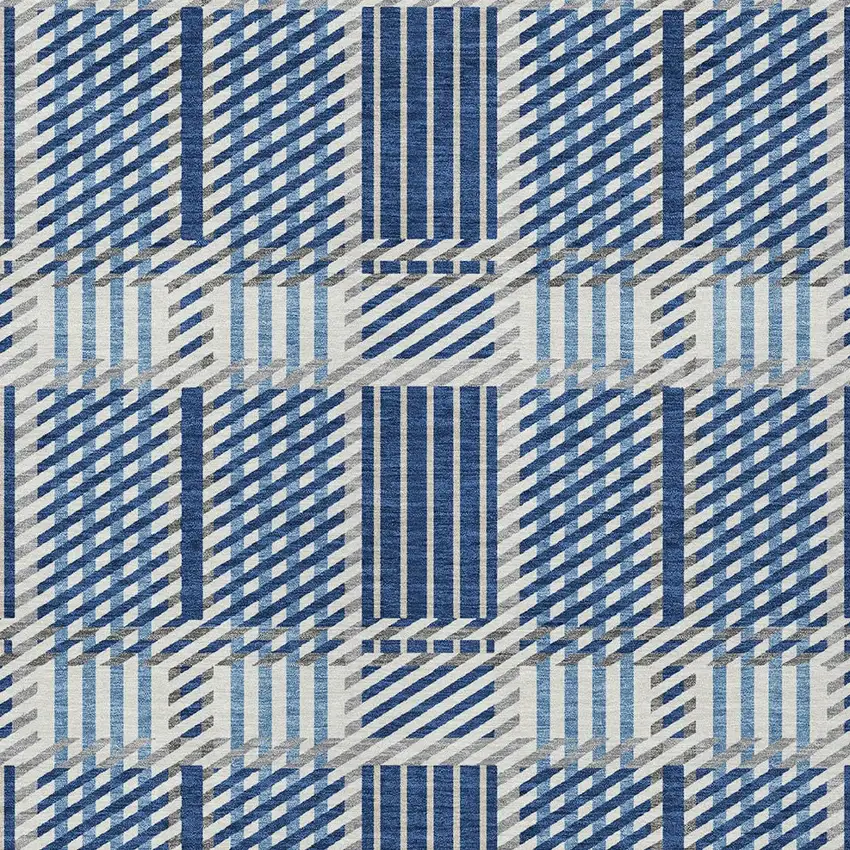 Navy Blue Ivory And Gray Plaid Washable Indoor Outdoor Area Rug Photo 5