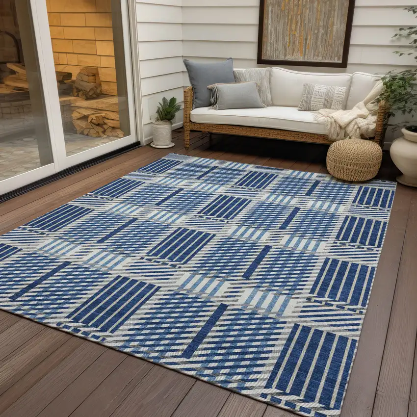 Navy Blue Ivory And Gray Plaid Washable Indoor Outdoor Area Rug Photo 8