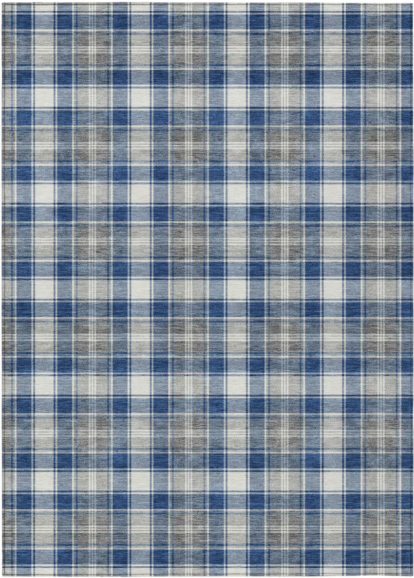 Navy Blue Ivory And Gray Plaid Washable Indoor Outdoor Area Rug Photo 2