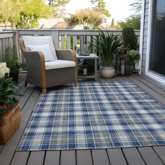 Navy Blue Ivory And Gray Plaid Washable Indoor Outdoor Area Rug Photo 8