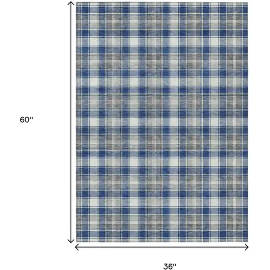 Navy Blue Ivory And Gray Plaid Washable Indoor Outdoor Area Rug Photo 3