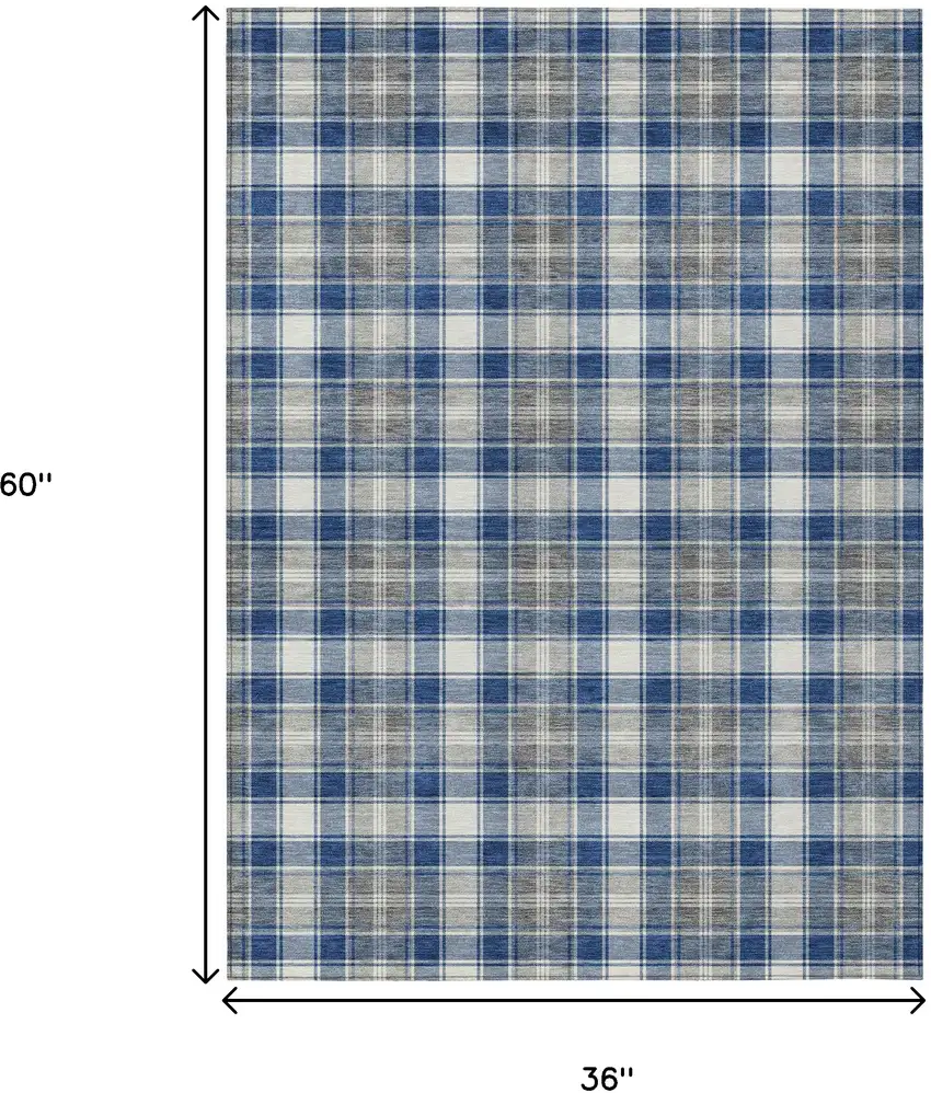 Navy Blue Ivory And Gray Plaid Washable Indoor Outdoor Area Rug Photo 3