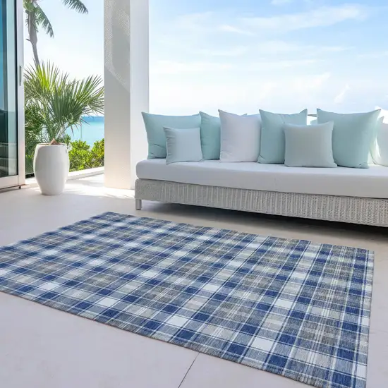 Navy Blue Ivory And Gray Plaid Washable Indoor Outdoor Area Rug Photo 5