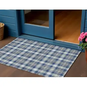 Photo of Navy Blue Ivory And Gray Plaid Washable Indoor Outdoor Area Rug