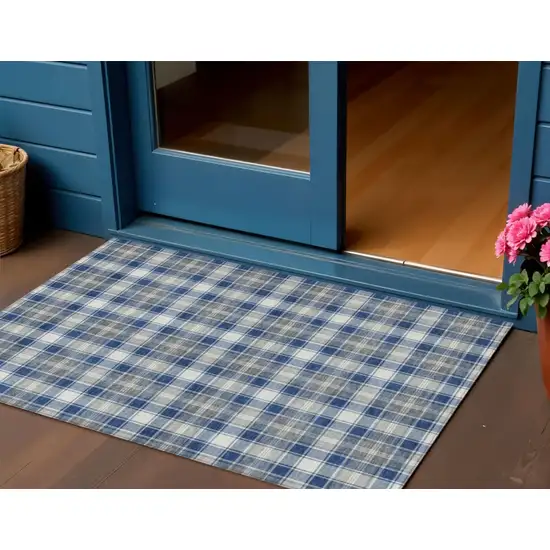 Navy Blue Ivory And Gray Plaid Washable Indoor Outdoor Area Rug Photo 1