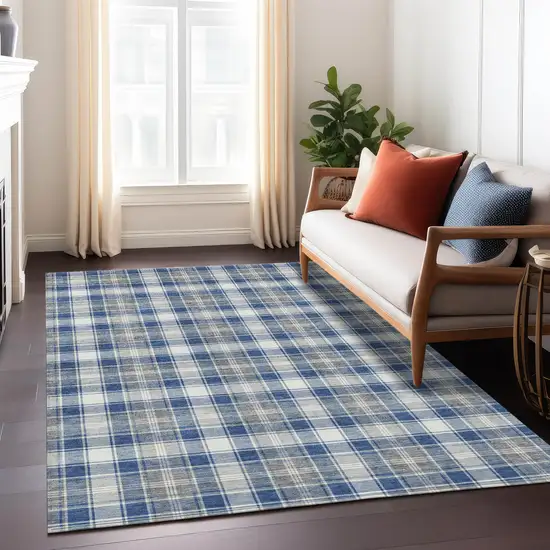 Navy Blue Ivory And Gray Plaid Washable Indoor Outdoor Area Rug Photo 7