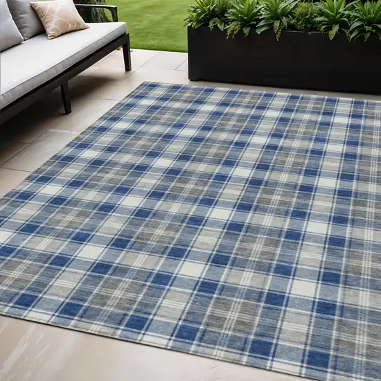 Navy Blue Ivory And Gray Plaid Washable Indoor Outdoor Area Rug Photo 2