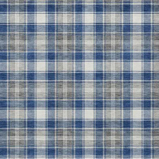 Navy Blue Ivory And Gray Plaid Washable Indoor Outdoor Area Rug Photo 1