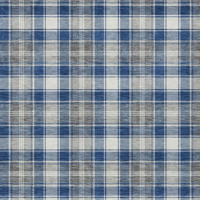 Navy Blue Ivory And Gray Plaid Washable Indoor Outdoor Area Rug Photo 1