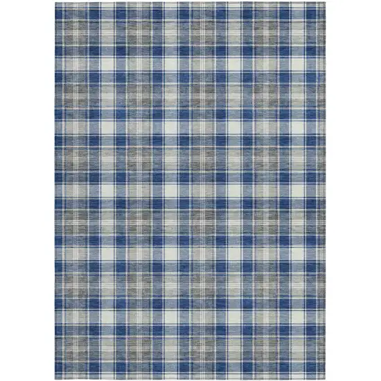 Navy Blue Ivory And Gray Plaid Washable Indoor Outdoor Area Rug Photo 8