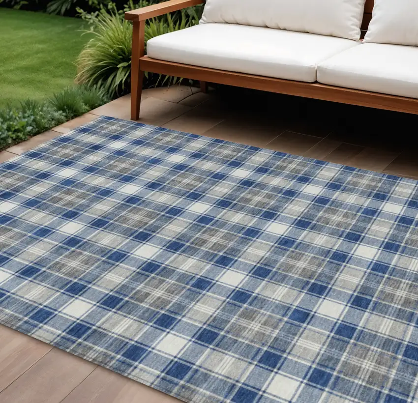 Navy Blue Ivory And Gray Plaid Washable Indoor Outdoor Area Rug Photo 2