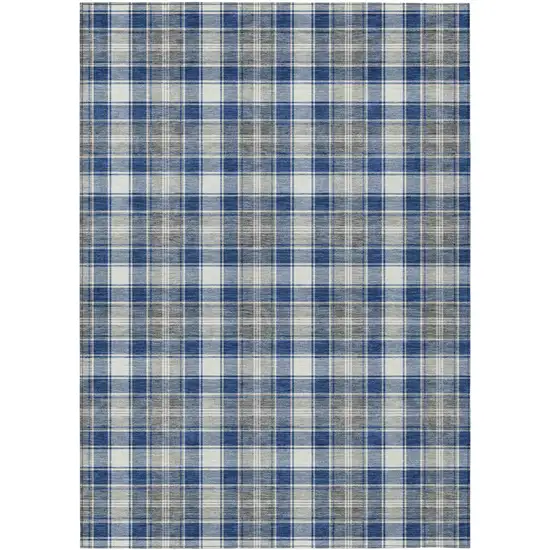 Navy Blue Ivory And Gray Plaid Washable Indoor Outdoor Area Rug Photo 8