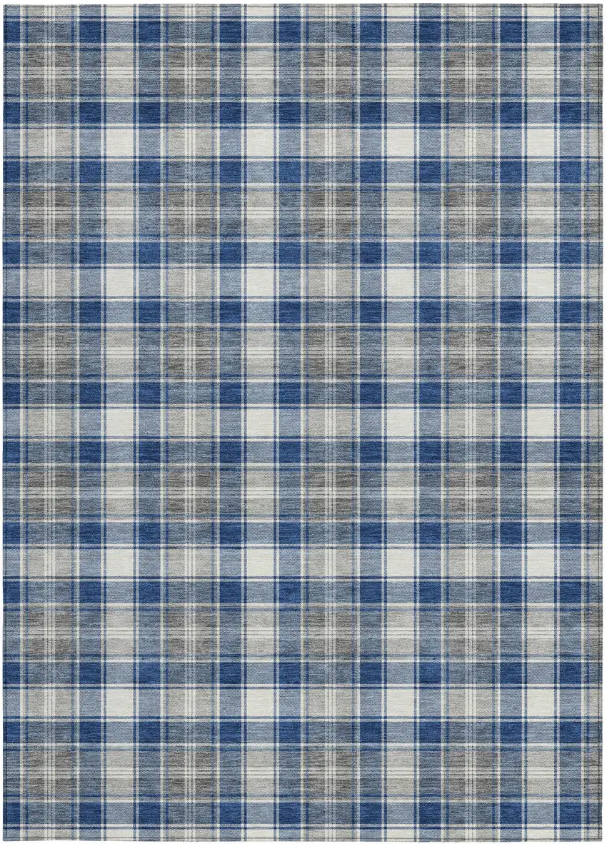 Navy Blue Ivory And Gray Plaid Washable Indoor Outdoor Area Rug Photo 9