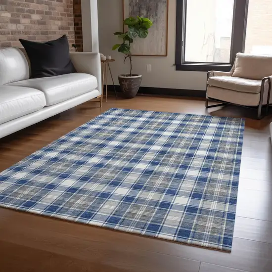 Navy Blue Ivory And Gray Plaid Washable Indoor Outdoor Area Rug Photo 5