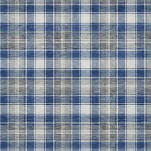 Photo of Navy Blue Ivory And Gray Plaid Washable Indoor Outdoor Area Rug