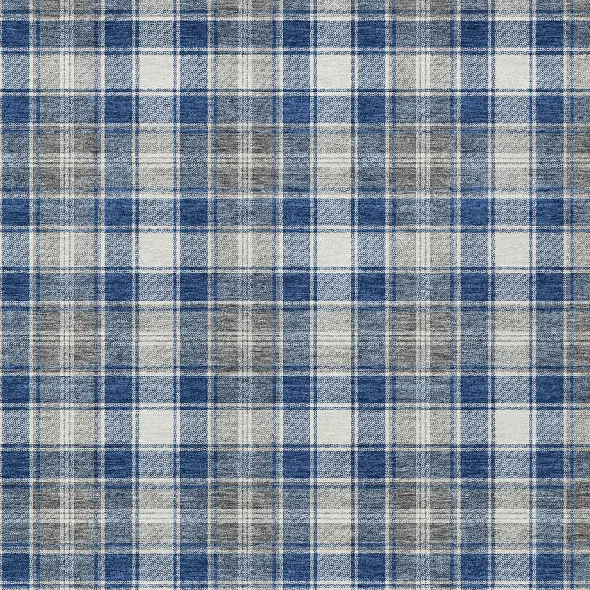 Navy Blue Ivory And Gray Plaid Washable Indoor Outdoor Area Rug Photo 1