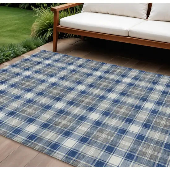 Navy Blue Ivory And Gray Plaid Washable Indoor Outdoor Area Rug Photo 2