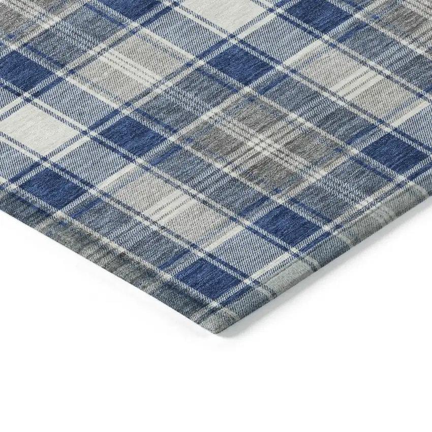 Navy Blue Ivory And Gray Plaid Washable Indoor Outdoor Area Rug Photo 8