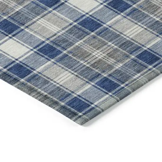 Navy Blue Ivory And Gray Plaid Washable Indoor Outdoor Area Rug Photo 9