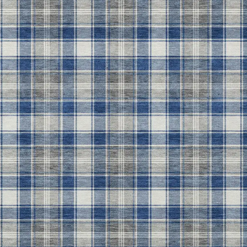 Navy Blue Ivory And Gray Plaid Washable Indoor Outdoor Area Rug Photo 1