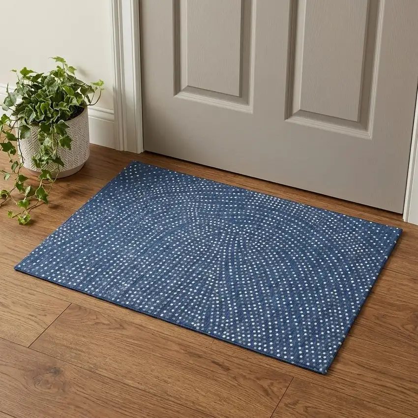 Navy Blue Ivory And Gray Polka Dot Washable Area Rug With UV Protection Photo 1