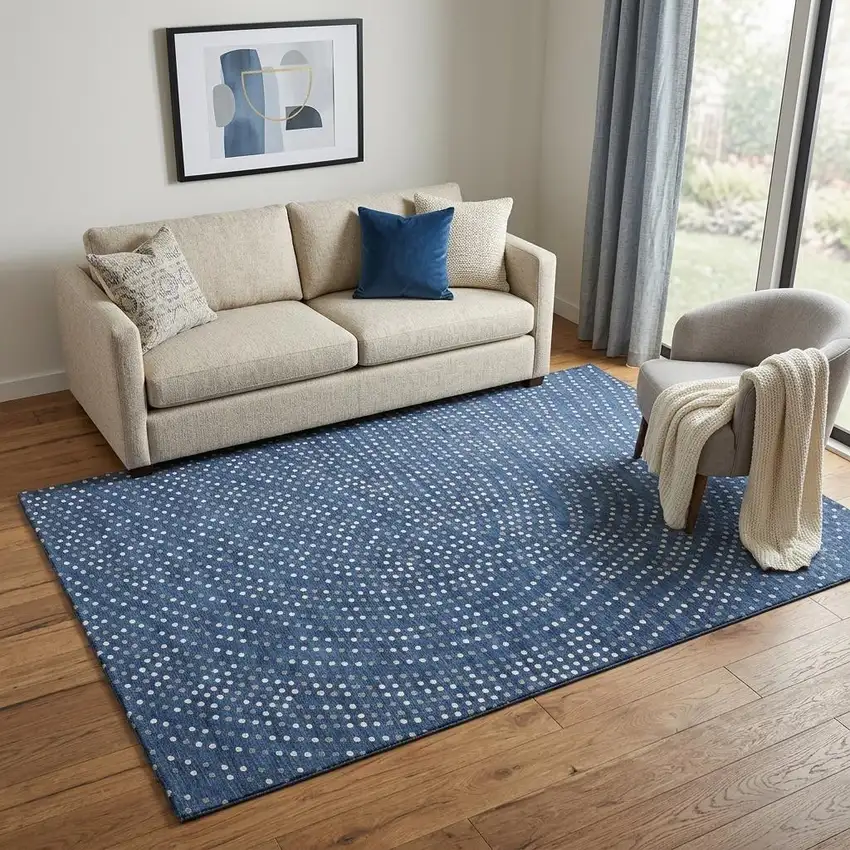 Navy Blue Ivory And Gray Polka Dot Washable Area Rug With UV Protection Photo 1