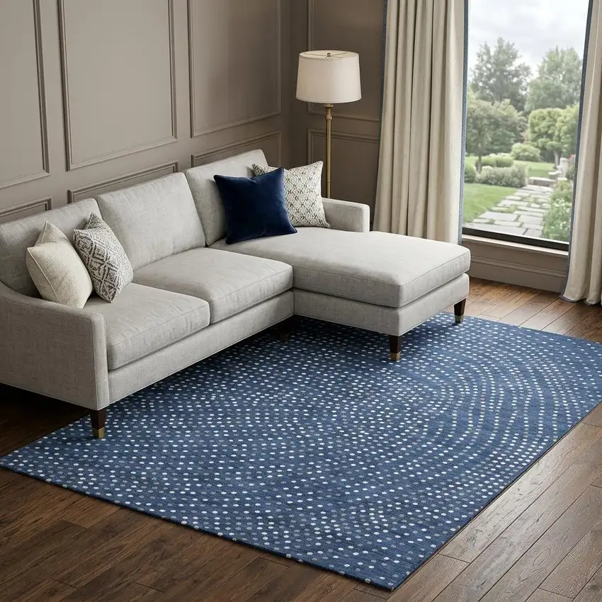 Navy Blue Ivory And Gray Polka Dot Washable Area Rug With UV Protection Photo 1