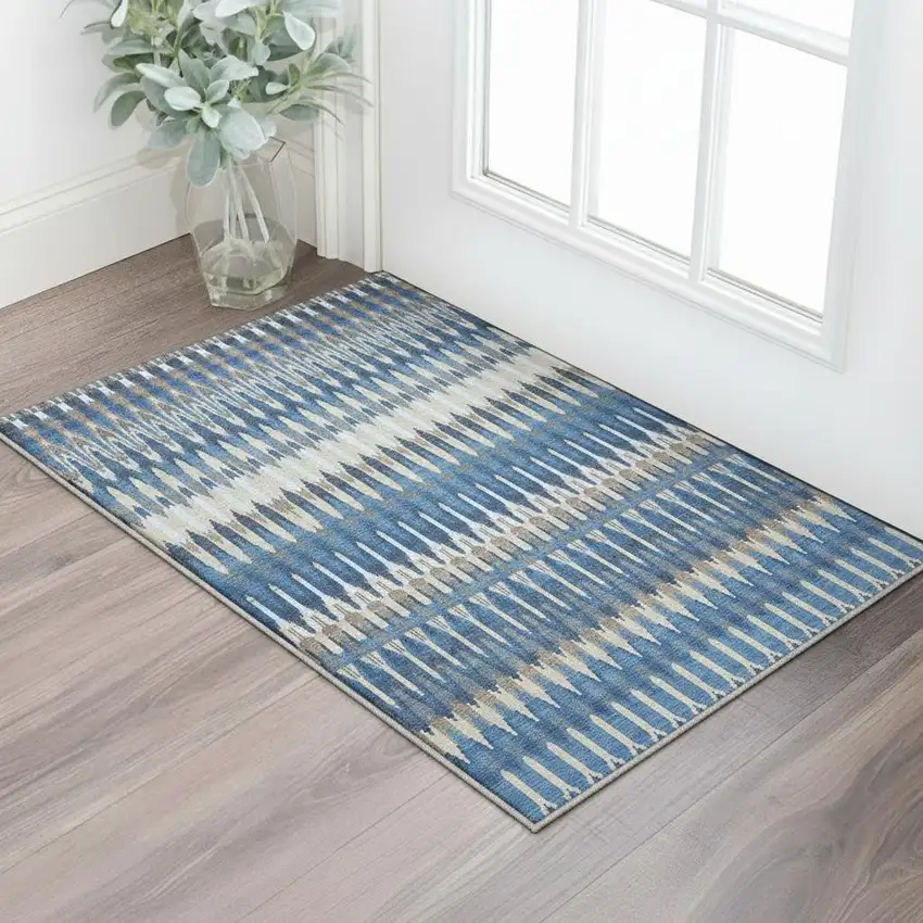 Navy Blue Ivory And Gray Southwestern Washable Area Rug With UV Protection Photo 2