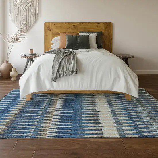 Navy Blue Ivory And Gray Southwestern Washable Area Rug With UV Protection Photo 6