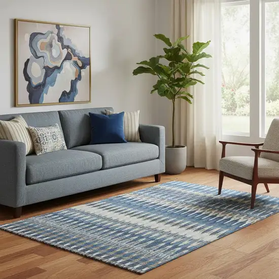 Navy Blue Ivory And Gray Southwestern Washable Area Rug With UV Protection Photo 1