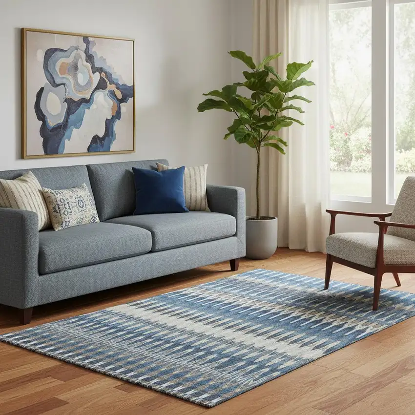 Navy Blue Ivory And Gray Southwestern Washable Area Rug With UV Protection Photo 1