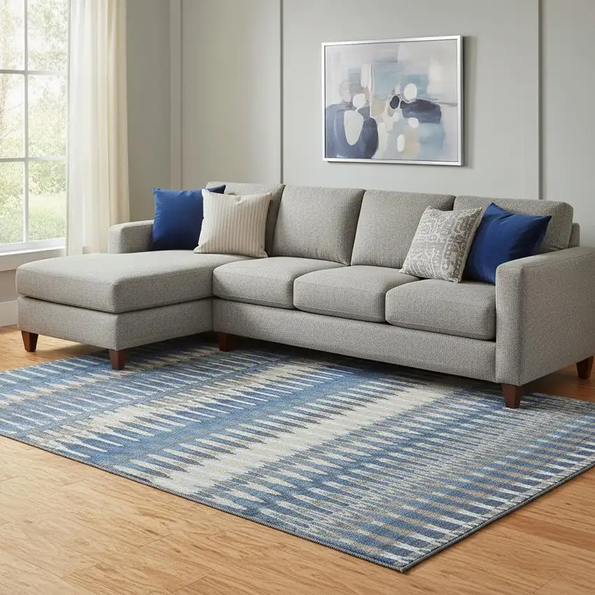 Navy Blue Ivory And Gray Southwestern Washable Area Rug With UV Protection Photo 1