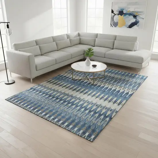 Navy Blue Ivory And Gray Southwestern Washable Area Rug With UV Protection Photo 2