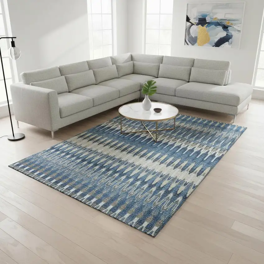 Navy Blue Ivory And Gray Southwestern Washable Area Rug With UV Protection Photo 2