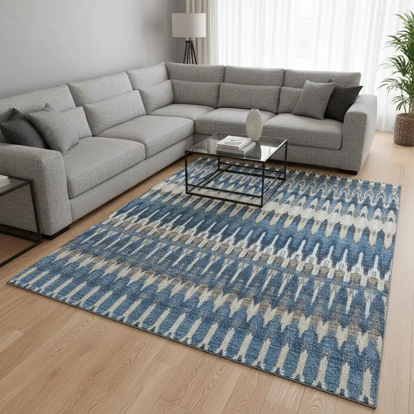 Navy Blue Ivory And Gray Southwestern Washable Area Rug With UV Protection Photo 2