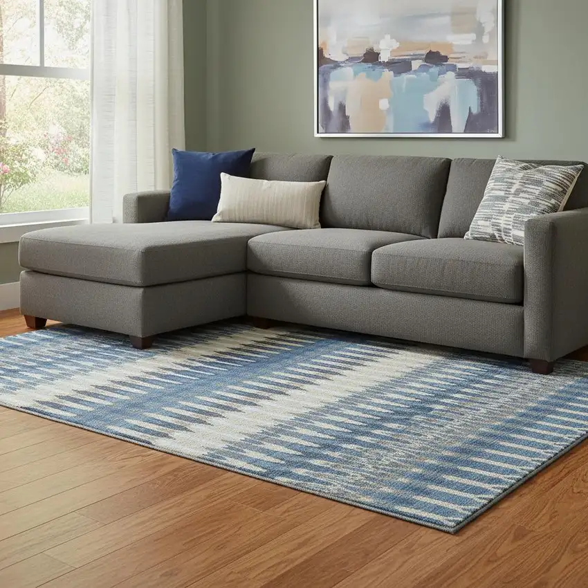 Navy Blue Ivory And Gray Southwestern Washable Area Rug With UV Protection Photo 1