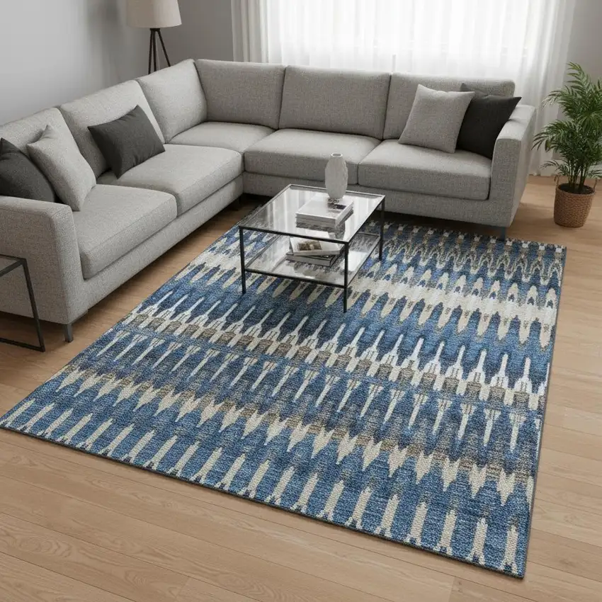 Navy Blue Ivory And Gray Southwestern Washable Area Rug With UV Protection Photo 2