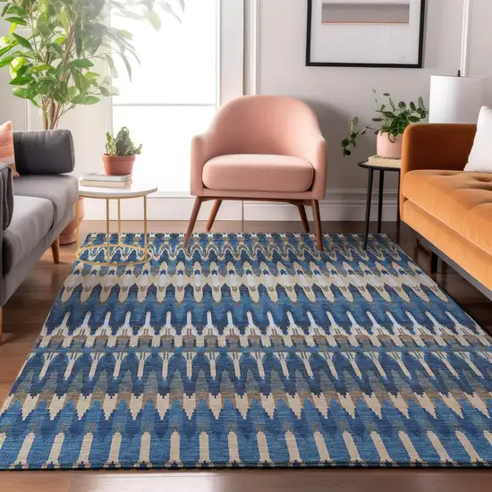 Navy Blue Ivory And Gray Southwestern Washable Area Rug With UV Protection Photo 5