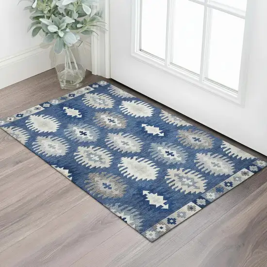 Navy Blue Ivory And Gray Southwestern Washable Area Rug With UV Protection Photo 2